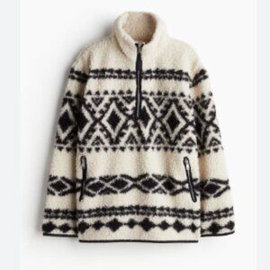 Warm Jacket Half-Zip Ivory Black Patterned